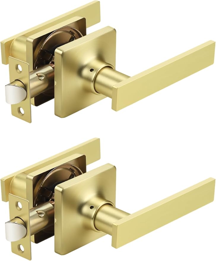 Mengico 2 Pack Passage Door Levers Gold Finish, No-Locking Keyless Square Door