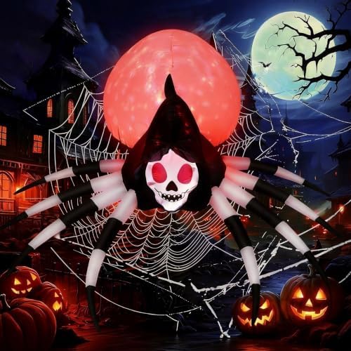 5.7FT Halloween Inflatable Skeleton Spider Outdoor Yard Decor with Magic Lights, Large Blow up Skull Spider Lawn Ornament Decorations