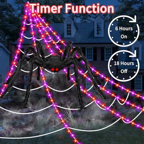 Halloween Decorations Outdoor Spider Web Lights, 23Ft 350 LED Light up Spider Web with 6.6Ft Giant Spider, 8 Modes Waterproof Timer Spiderweb Lights for Garden ＆ Haunted House Decor, Purple + Orange