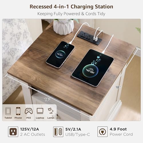 Farmhouse Nightstand with Charging Station 18"Wood End Table w/Roman Column