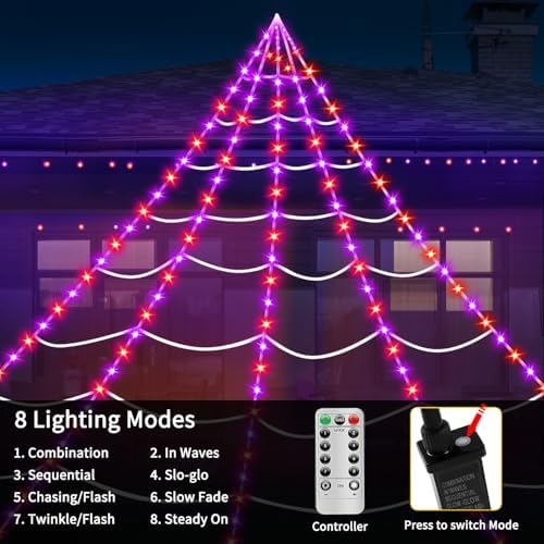 Halloween Decorations Outdoor Spider Web Lights, 23Ft 350 LED Light up Spider Web with 6.6Ft Giant Spider, 8 Modes Waterproof Timer Spiderweb Lights for Garden ＆ Haunted House Decor, Purple + Orange