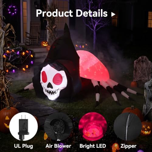 5.7FT Halloween Inflatable Skeleton Spider Outdoor Yard Decor with Magic Lights, Large Blow up Skull Spider Lawn Ornament Decorations