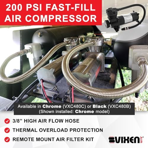 Vixen Air 12V Air Suspension Kit with 200 PSI Compressors and 5 Gallon Tank Onboard Air Ride System for Truck, RV, Car | for Air Bags, Air Springs, Heavy Load Leveling, Towing, Train Horns, VXO4852DBF