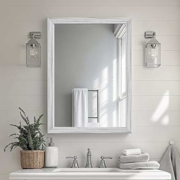 White Wood Effect Framed Wall Mirror, 24x32 Rectangle Mirror, Anti-desilvering