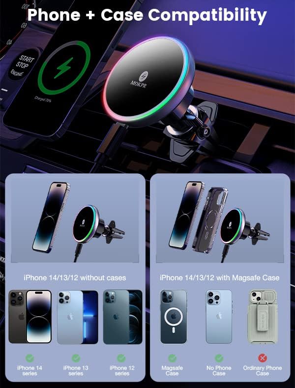 for magsafe car mount charger 15w led rgb, close-up detail