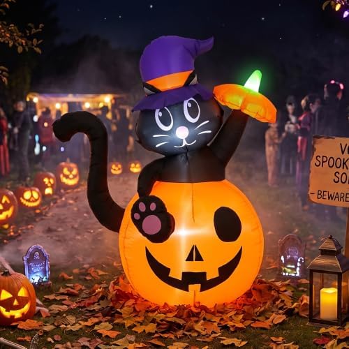 4.5FT Halloween Inflatable Black Cat with Pumpkin Outdoor Decorations, Blow Up Black Cat Yard Decor with Built-in LEDs for Garden Lawn Party Holiday Display