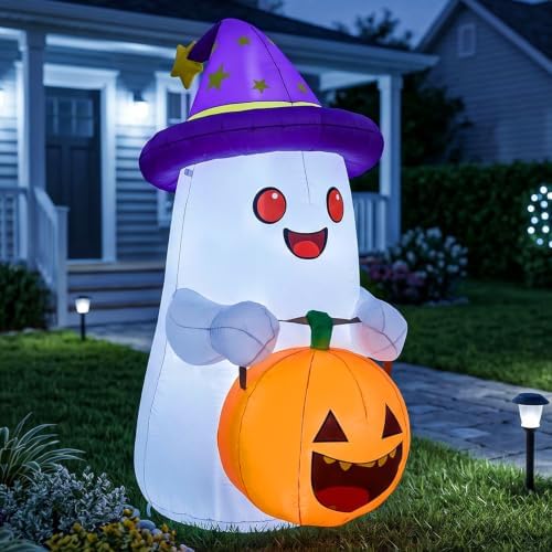 5 FT Halloween Inflatables Decor, Cute Inflatable Ghost with Pumpkin, Built-in 2 LEDs for Halloween Garden, Patios & Indoor Parties Party Decoration
