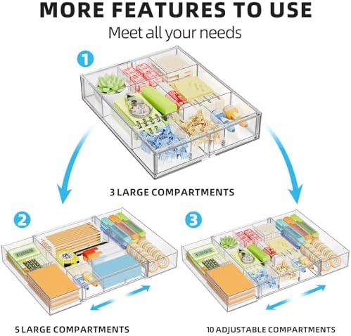 Marbrasse Expandable Desk Drawer Organizer, Clear Plastic Drawer Organizer Tray with 10 Adjustable Compartments, Desk Organizers and Accessories, 5 Drawer Dividers for Office Supplies (Clear-2P)