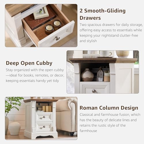 Farmhouse Nightstand with Charging Station 18"Wood End Table w/Roman Column