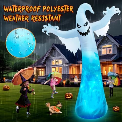 12FT Giant Halloween Inflatables Ghost with 3-Colored Flame Rotation Light