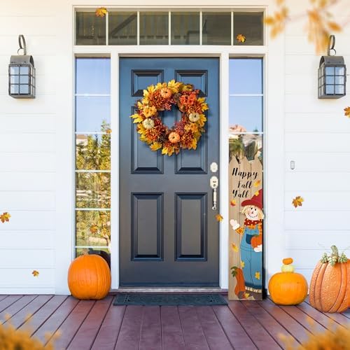 Glitzhome 24 inch Artificial Fall Wreath Decor, Autumn Maple Leaf Wreath for Front Door with Dahlia Pumpkin, Leaf and Berry Wreaths for Autumn Harvest Thanksgiving Halloween Decor