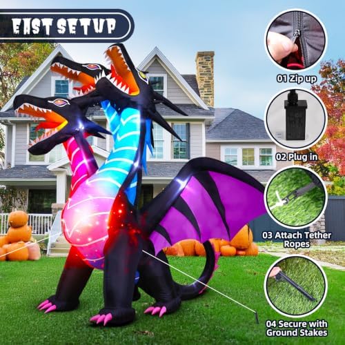 Thuodo 8 FT Tall Halloween Inflatables Dragon Outdoor Decorations Blow Up Yard Three-Headed Dragon with Built-in LEDs for Lawn Garden Holiday Indoor Party Decor