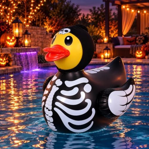 1Pcs 4.6 Feet Halloween Giant Inflatable Duck Outdoor Decorations,Huge Blow Up Yard Yellow Duck with Black Skeleton Bone Cloth Duck Pool Float for Indoor Halloween Party Garden Patio Lawn Decor