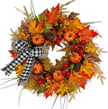 24" Fall Maple Leaf Wreath for Front Door with Buffalo Check Bow - Rustic Autumn Harvest Wreath with Orange Pumpkins, Pinecones and Berries - Farmhouse Thanksgiving Halloween Outdoor Decor