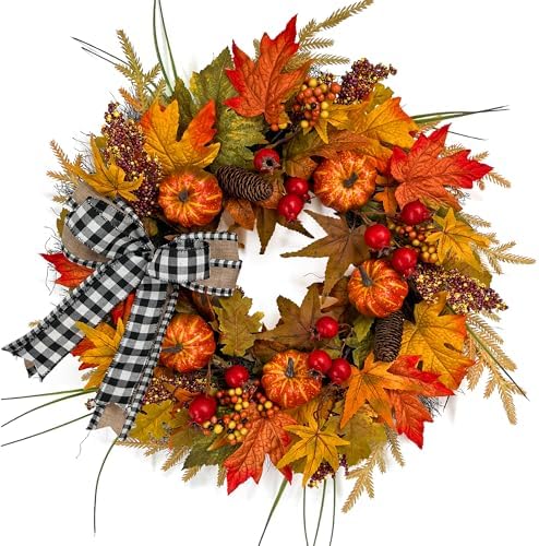 24" Fall Maple Leaf Wreath for Front Door with Buffalo Check Bow - Rustic Autumn Harvest Wreath with Orange Pumpkins, Pinecones and Berries - Farmhouse Thanksgiving Halloween Outdoor Decor