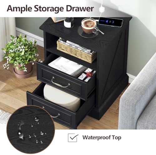 Black Nightstand with Charging Station,18" Wide End Table with 2 Large Drawers & Metal Handles,Rustic Farmhouse Wood Small Dresser,Bedside Table,Modern Chest of Drawers for Bedroom,Living Room