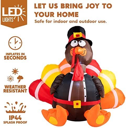Joiedomi 6 FT Thanksgiving Inflatable Turkey Decorations, LED Light Up Turkey with Pilgrim Hat, Blow Up Decor for Thanksgiving Outdoor Decorations, Halloween Inflatable for Yard Garden