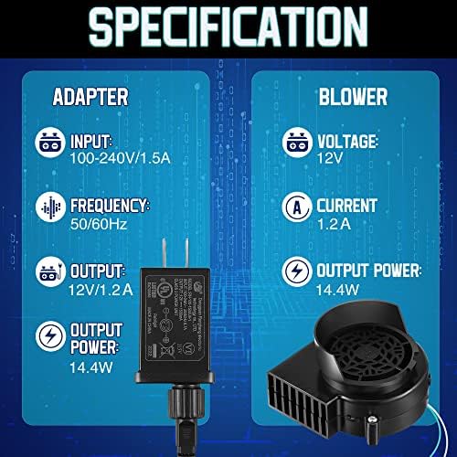 Hiboom 2 Pack Replacement Fan Blower, 12V 1.2A Mini Air Blower with 3 LED Light String for Inflatables Indoor Outdoor, 12V 1.5A Adapter for Halloween Christmas Holiday Inflatables Fan Blow up Motor