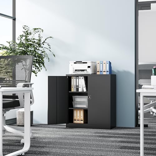 Fesbos Metal Storage Cabinet-36” Tall Steel File Cabinets with Lockable Doors and Adjustable Shelves-Black Steel Storage Cabinet for Home Office, School, Garage