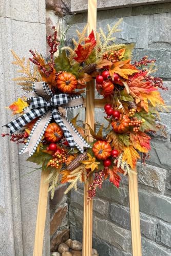 24" Fall Maple Leaf Wreath for Front Door with Buffalo Check Bow - Rustic Autumn Harvest Wreath with Orange Pumpkins, Pinecones and Berries - Farmhouse Thanksgiving Halloween Outdoor Decor