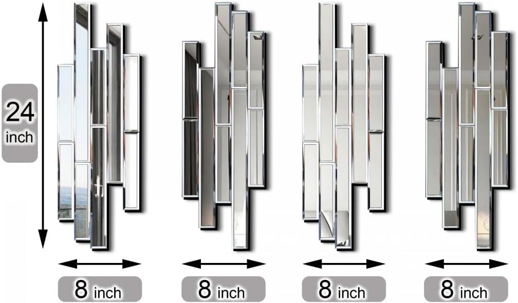 Artisan Set of 4 Silver Beveled Wall Decor Mirrors - 24x8 Inch Each, Creative Combination Design for Modern & Farmhouse Home Decor, Shatter-Resistant Glass with Wood Backing
