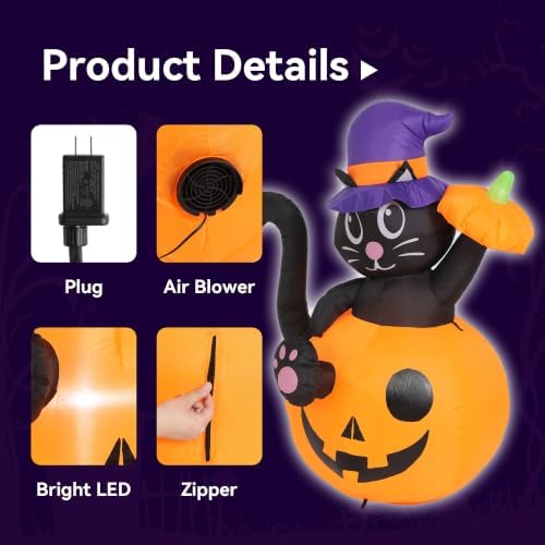 4.5FT Halloween Inflatable Black Cat with Pumpkin Outdoor Decorations, Blow Up Black Cat Yard Decor with Built-in LEDs for Garden Lawn Party Holiday Display