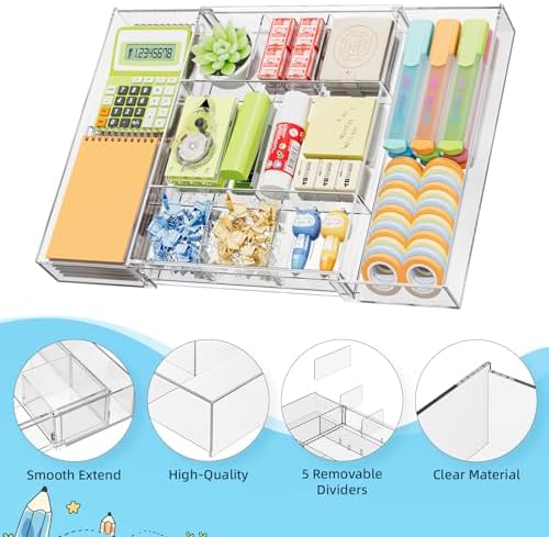 Marbrasse Expandable Desk Drawer Organizer, Clear Plastic Drawer Organizer Tray with 10 Adjustable Compartments, Desk Organizers and Accessories, 5 Drawer Dividers for Office Supplies (Clear-2P)