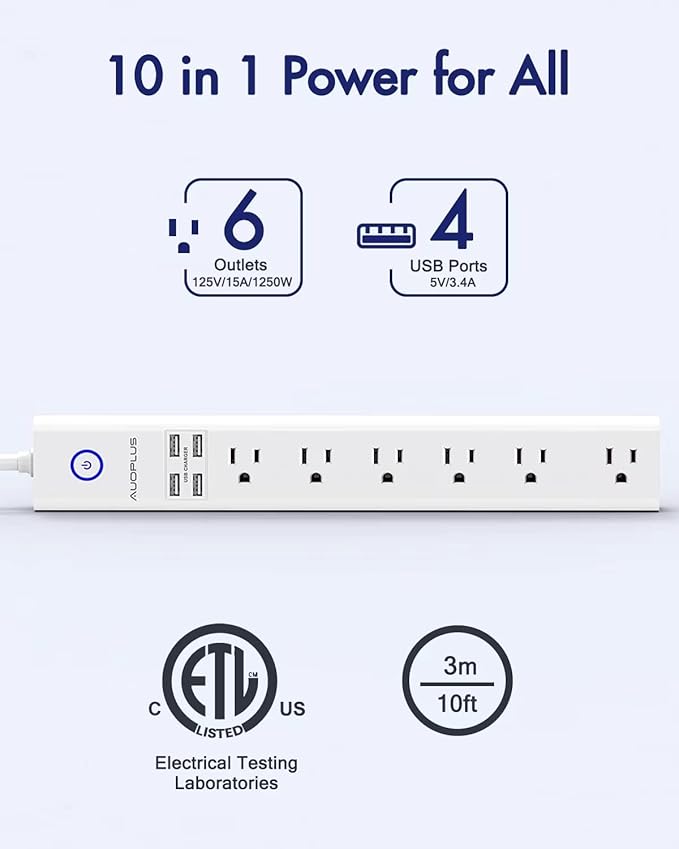 2 Pack Surge Protector Power Strip - 10FT Long Extension Cord