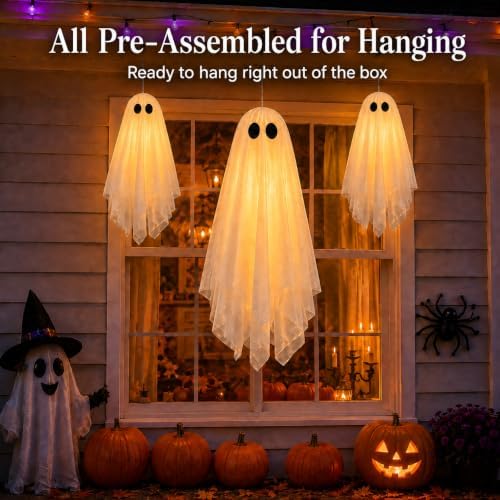 3 Pack Pre-Assembled Hanging Ghosts Halloween Decorations with Warm Glow,Ghos...