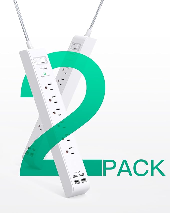 2 Pack Power Strip, 12FT Long Extension Cord, Surge Protector