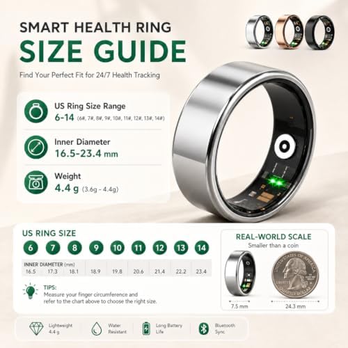 Smart Ring for Women Men, Fitness Tracker Ring with Free App No Subscription Fee, 7 Days Battery Life, Sleep Monitor, Heart Rate & Step Tracker, IP68 Waterproof, Android/iOS Compatible(Silver,8)
