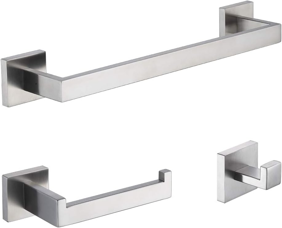 TASTOS 3-Piece Bathroom Hardware Set Brushed Nickel Wall Mounted Bathroom Accessory Set, Premium Stainless Steel Robe Hook Toilet Paper Holder 16-Inch Towel Bar (Silver)