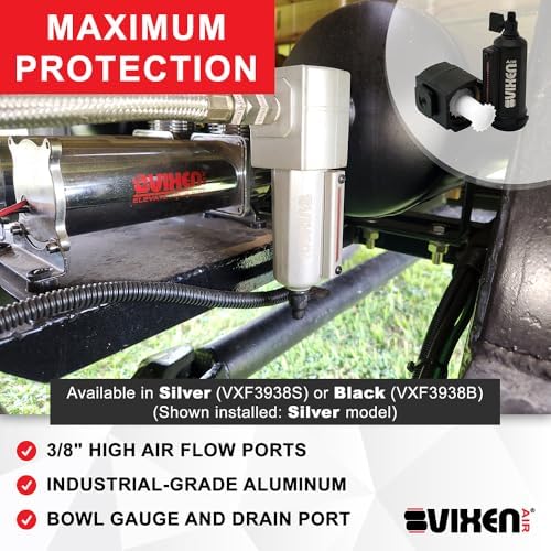 Vixen Air 3/8" NPT Aluminum Air Filter/Water Trap/Separator for Air Ride/Suspension/Air Tools w/Remote Drain Kit Black VXF3938BR