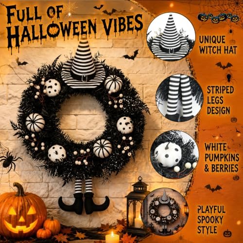 Grooy 24 Inch Halloween Wreath for Front Door with Striped Hat, Legs