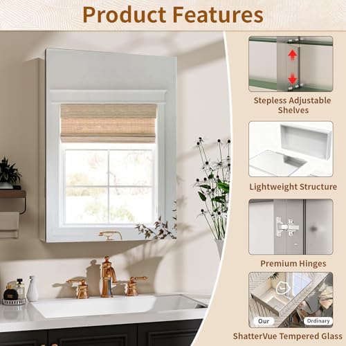 BEAUTYPEAK 16" x 24" Bathroom Medicine Cabinet Mirror with Storage
