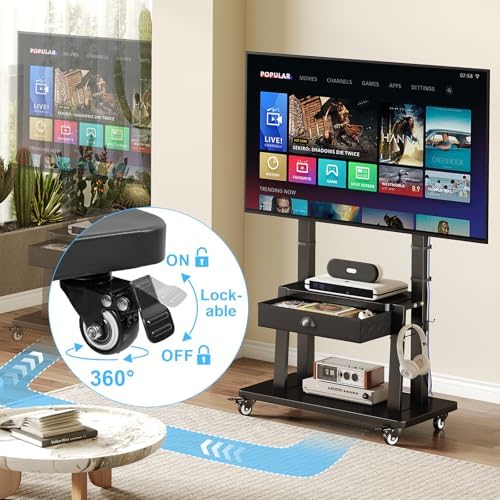 Mobile TV Stand on Wheels for 42-100 inch TVs up to 330lbs, Rolling TV Cart with Drawer & 2 Shelves, Adjustable Height, Portable TV Stand for Indoor Outdoor, Max VESA 600x900mm
