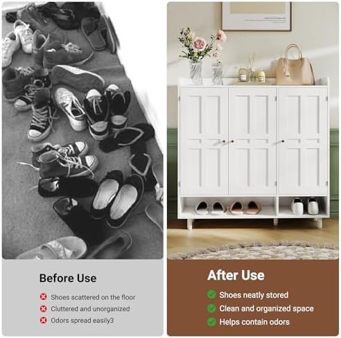 Shoe Cabinet with 3 Doors and Adjustable Shelves, Large Shoe Storage Cabinet for 24–30 Pairs, Modern Farmhouse Shoe Organizer with Open Bottom Shelf for Entryway, Living Room, White