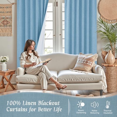 LAMIT Blue 100% Blackout Linen Curtains 63 Inches with White Liner