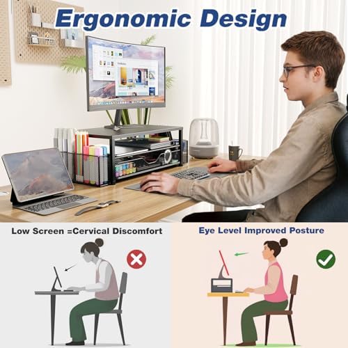 OPNICE Desk Organizer and Accessories, 2-Tier Computer Monitor Stand Riser with Drawer and 2 Pen Holders, Laptop Stand, Office Desk Accessories for Office Supplies, Black 2-Pack