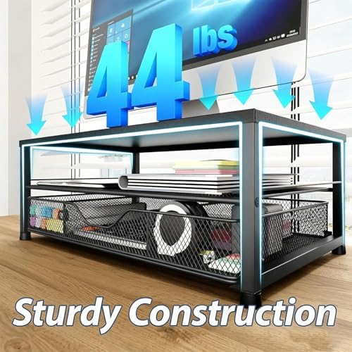 OPNICE Desk Organizer and Accessories, 2-Tier Computer Monitor Stand Riser with Drawer and 2 Pen Holders, Laptop Stand, Office Desk Accessories for Office Supplies, Black 2-Pack