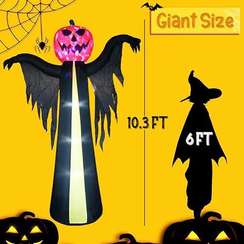 10.3Ft Halloween Inflatable Pumpkin Ghost, Halloween Blow Up Yard Decoration with LED Lights and Scary Sound for Halloween Outdoor Decoration, Giant Inflatables Ghost Yard Prop
