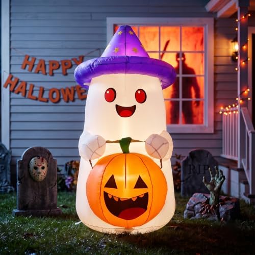 5 FT Halloween Inflatables Decor, Cute Inflatable Ghost with Pumpkin, Built-in 2 LEDs for Halloween Garden, Patios & Indoor Parties Party Decoration