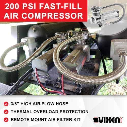 Vixen Air 12V Air Suspension Kit with 200 PSI Compressors and 5 Gallon Tank Onboard Air Ride System for Truck, RV, Car | for Air Bags, Air Springs, Load Leveling, Towing, Train Horns, VXX1208GW/4852DC