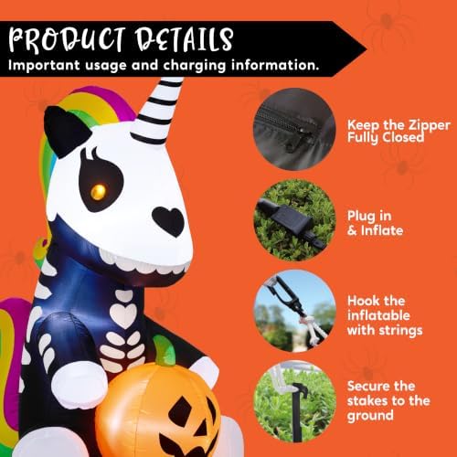 Joiedomi 5 FT Halloween Inflatable Sitting Skeleton Unicorn with LED Lights, Blow Up Outdoor Decoration for Yard, Garden, Lawn, Haunted House Halloween Party Outside Decor