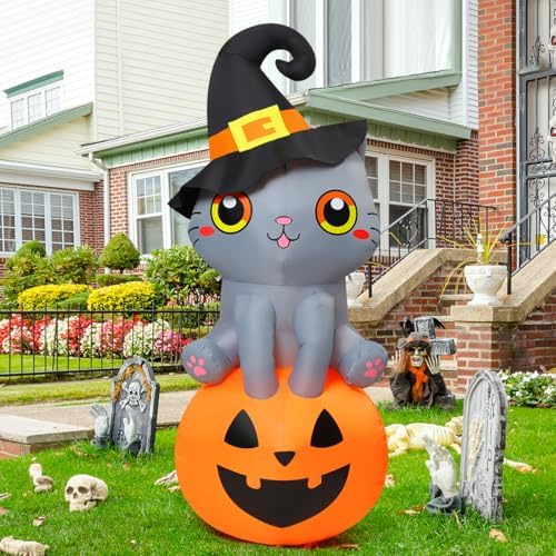 GOOSH 6 FT Halloween Inflatables Cat Outdoor Decorations Blow Up Yard Cute Wizard Cat Sitting Pumpkin with Built-in LEDs for Garden Lawn Indoor Party Decor