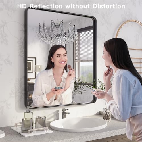 ISKM Wall Mounted Mirror 20x16, Black Framed Bathroom Mirror, Round Corner