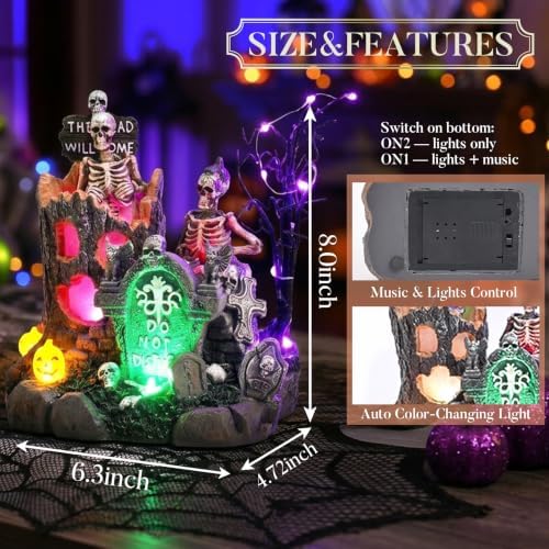 Valery Madelyn Halloween Decorations, Lighted Halloween Village with Music and LED Lights, Resin Spooky Tree and Skeleton Gravestones Scene Haunted House for Home and Party Table Desk Mantel, 8 Inch