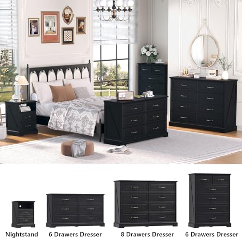 Black Nightstand with Charging Station,18" Wide End Table with 2 Large Drawers & Metal Handles,Rustic Farmhouse Wood Small Dresser,Bedside Table,Modern Chest of Drawers for Bedroom,Living Room