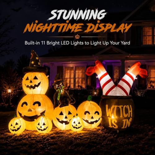 9FT Giant Halloween Inflatables Pumpkins with Witch Outdoor Decorations, Blow Ups 7 PCS Pumpkins with Build-in LED Lights, Funny Yard Garden Decoration for Halloween Party Indoor Outdoor