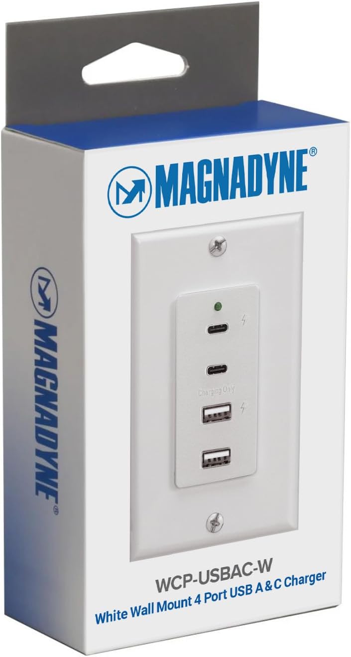 Magnadyne Wall Mount USB-C & USB-A Charging Ports for RV & Vehicle Use, New Model, Includes Wall Plate (White)